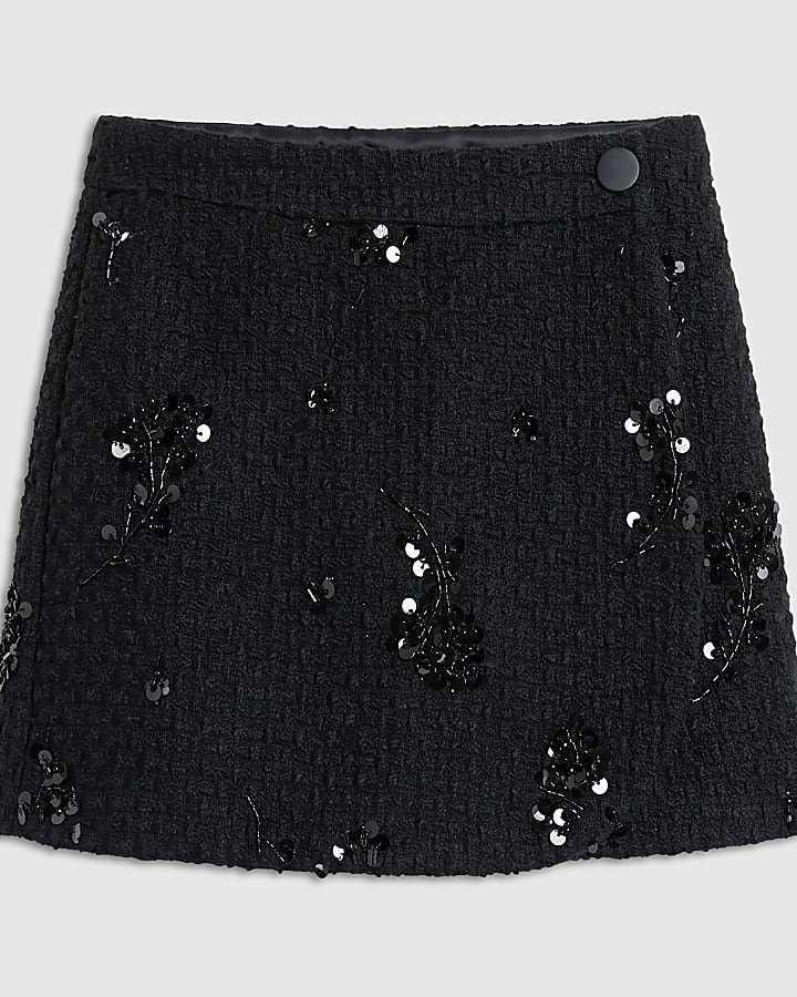 Black Boucle Sequin Embroidered Skort