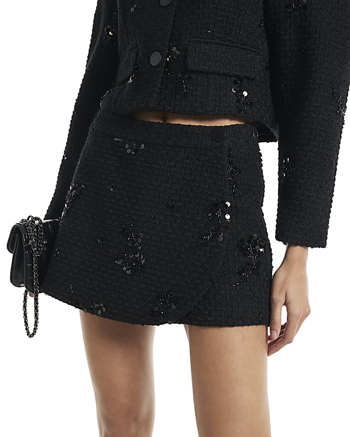 Black Boucle Sequin Embroidered Skort