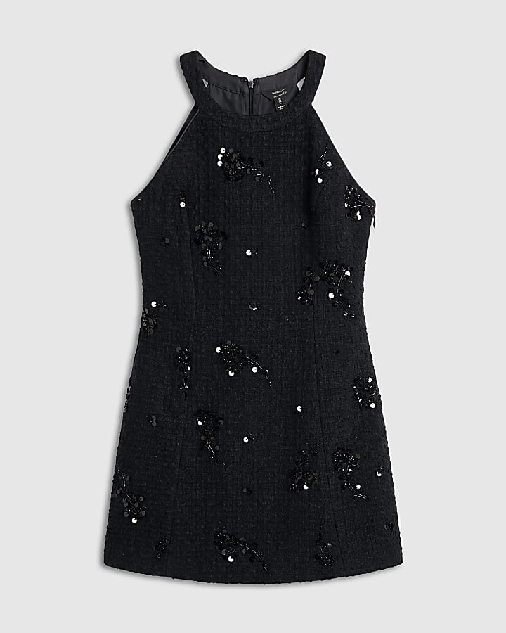 Black Boucle Sequin Embroidered Mini Dress