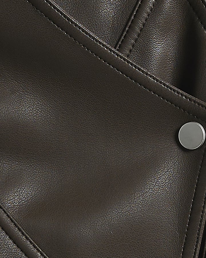 Khaki Faux Leather Crossover Collar Jacket