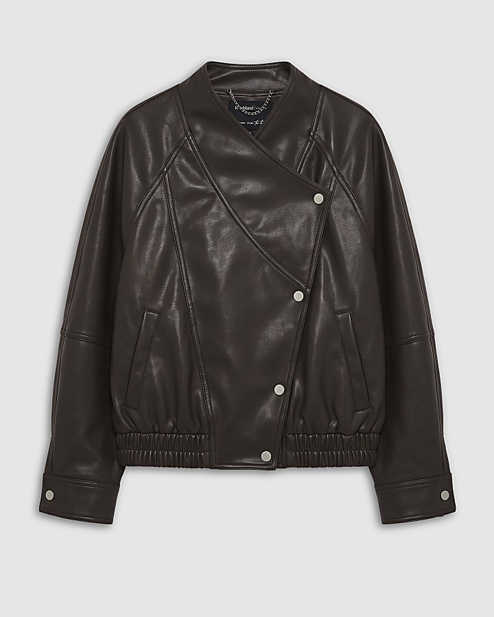 Khaki Faux Leather Crossover Collar Jacket