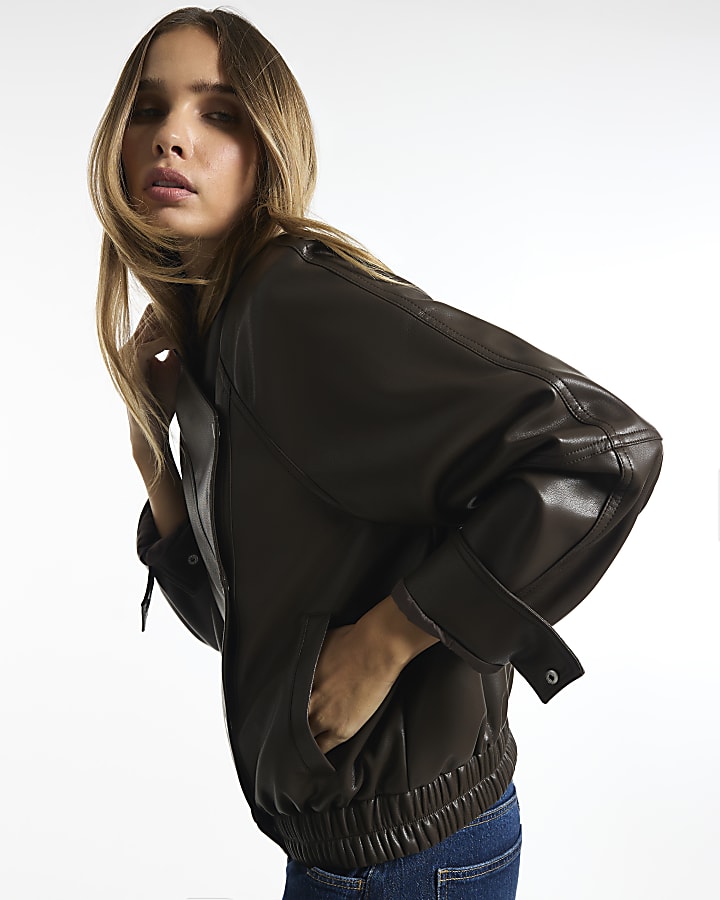 Khaki Faux Leather Crossover Collar Jacket