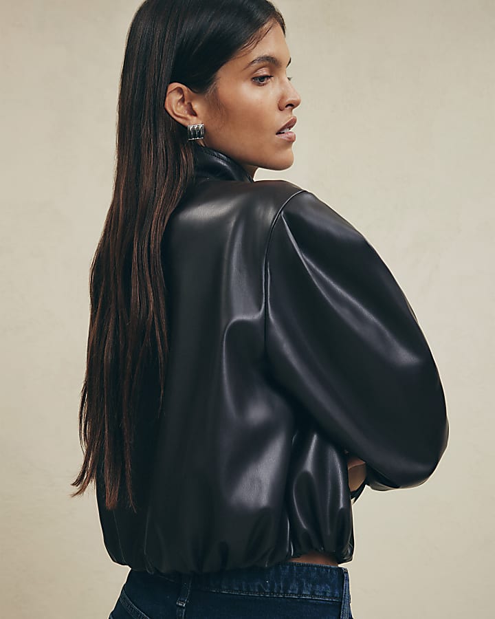 Brown Faux Leather Funnel Bomber Jacket