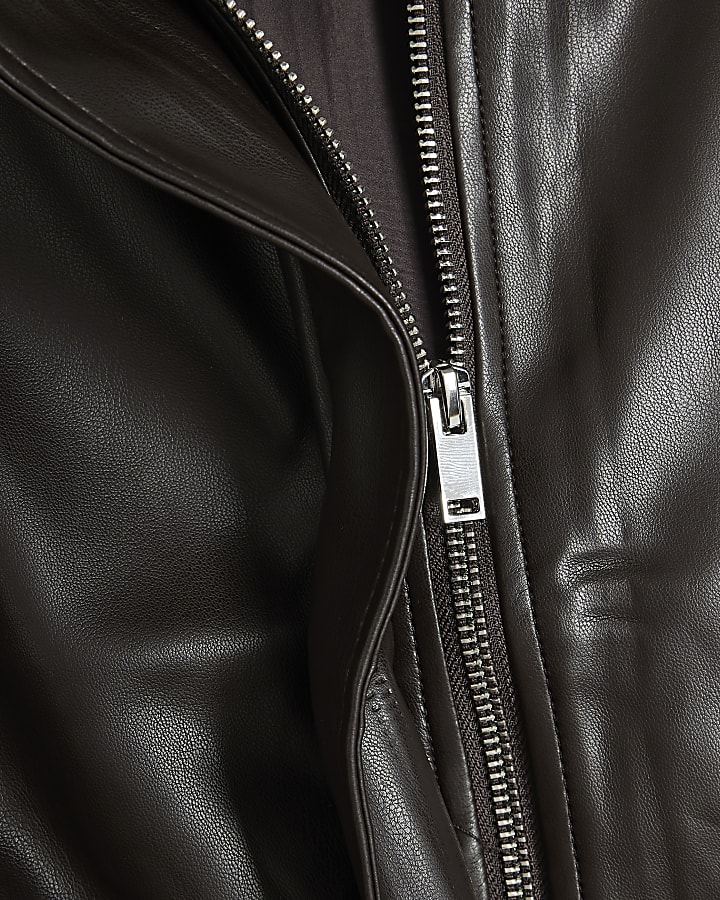 Brown Faux Leather Funnel Bomber Jacket
