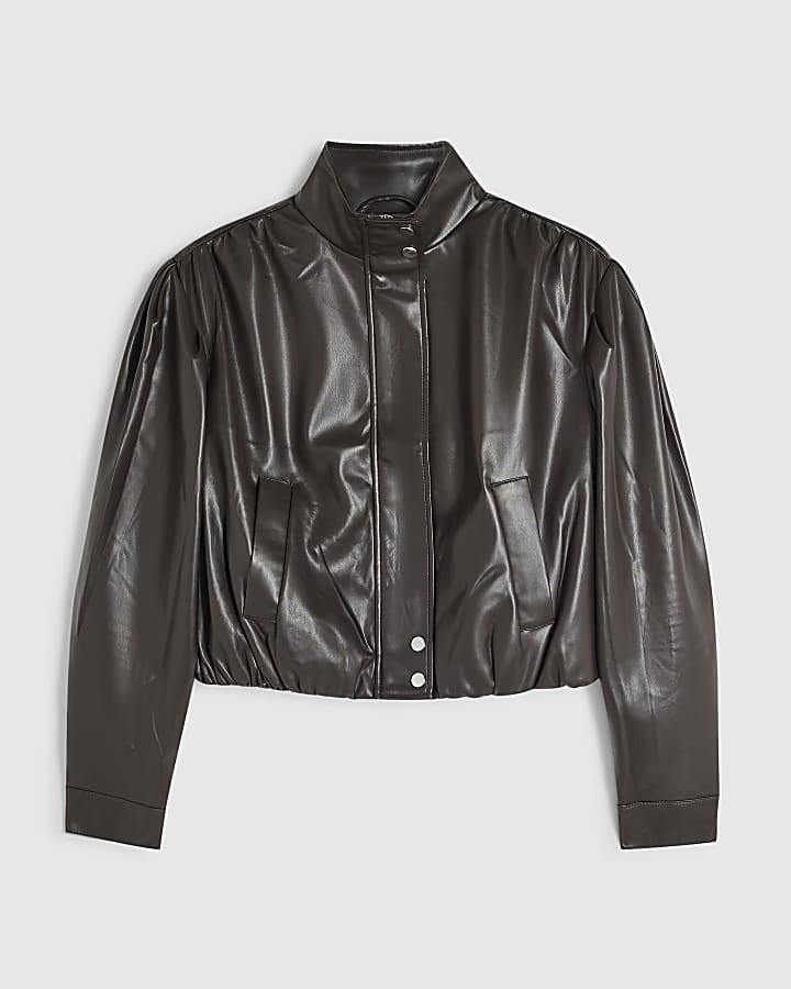 Brown Faux Leather Funnel Bomber Jacket