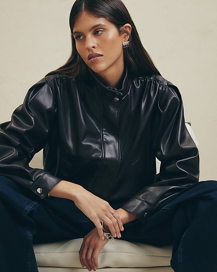 Brown Faux Leather Funnel Bomber Jacket