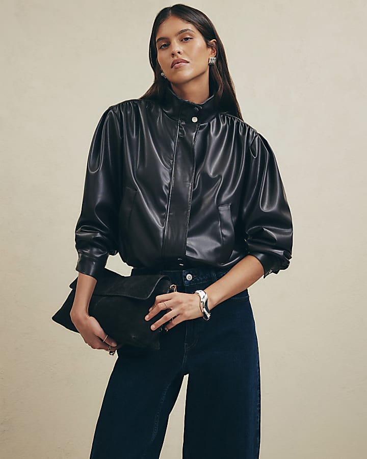 Brown Faux Leather Funnel Bomber Jacket