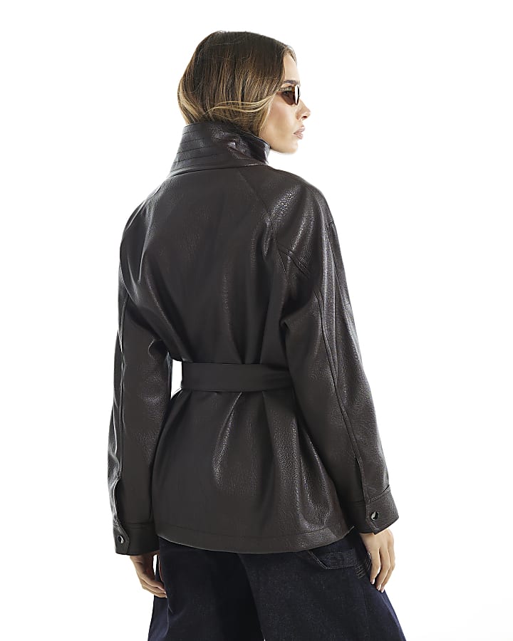 Brown Shawl Collar Belted Jacket