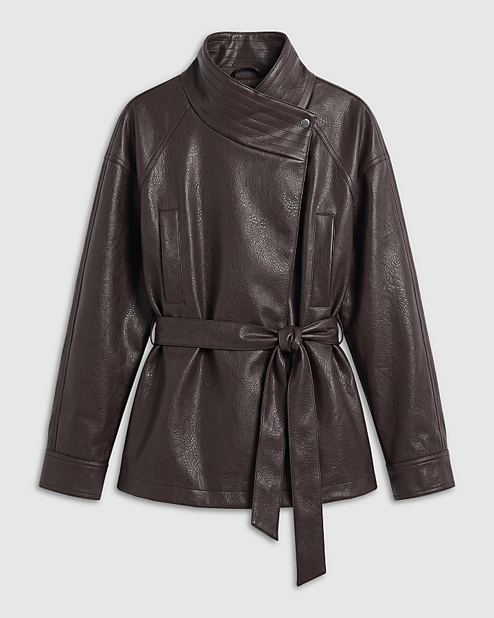 Brown Shawl Collar Belted Jacket