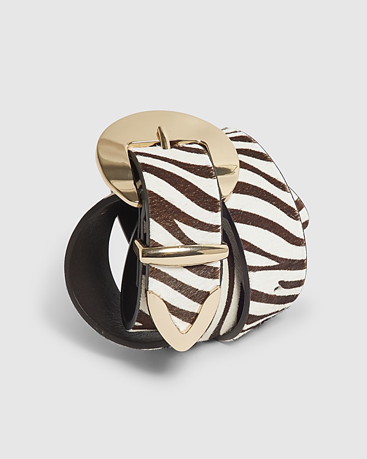 Brown Zebra Print Faux Hair On Leather Belt