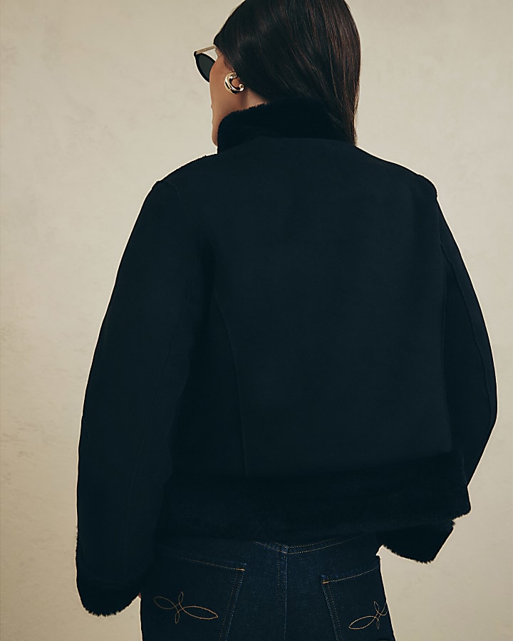Black Faux Suede Faux Fur Trim Jacket