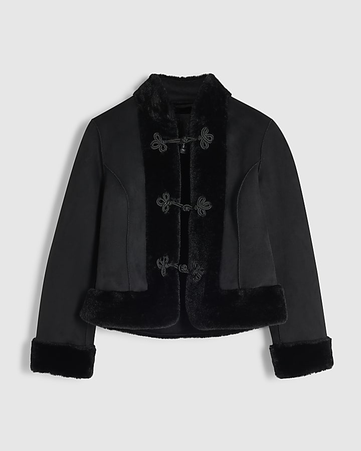 Black Faux Suede Faux Fur Trim Jacket