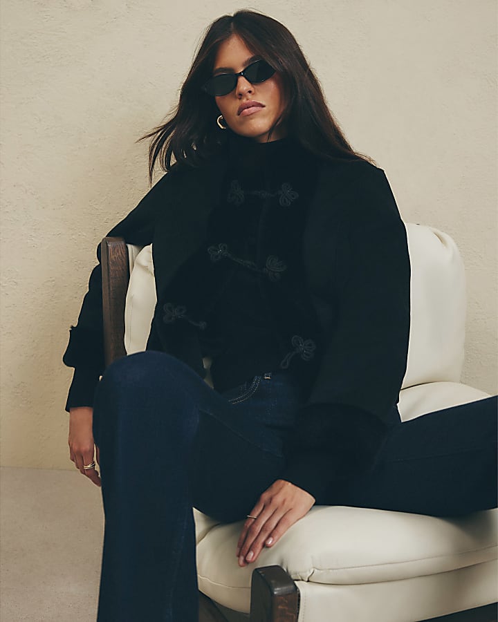 Black Faux Suede Faux Fur Trim Jacket