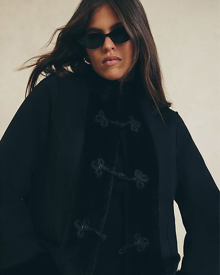 Black Faux Suede Faux Fur Trim Jacket