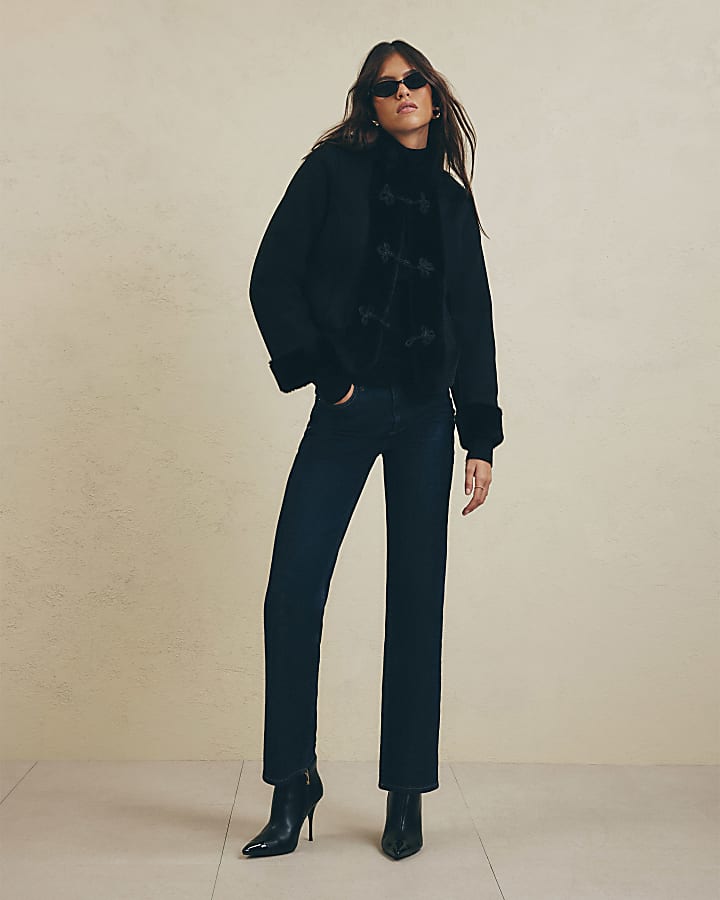 Black Faux Suede Faux Fur Trim Jacket
