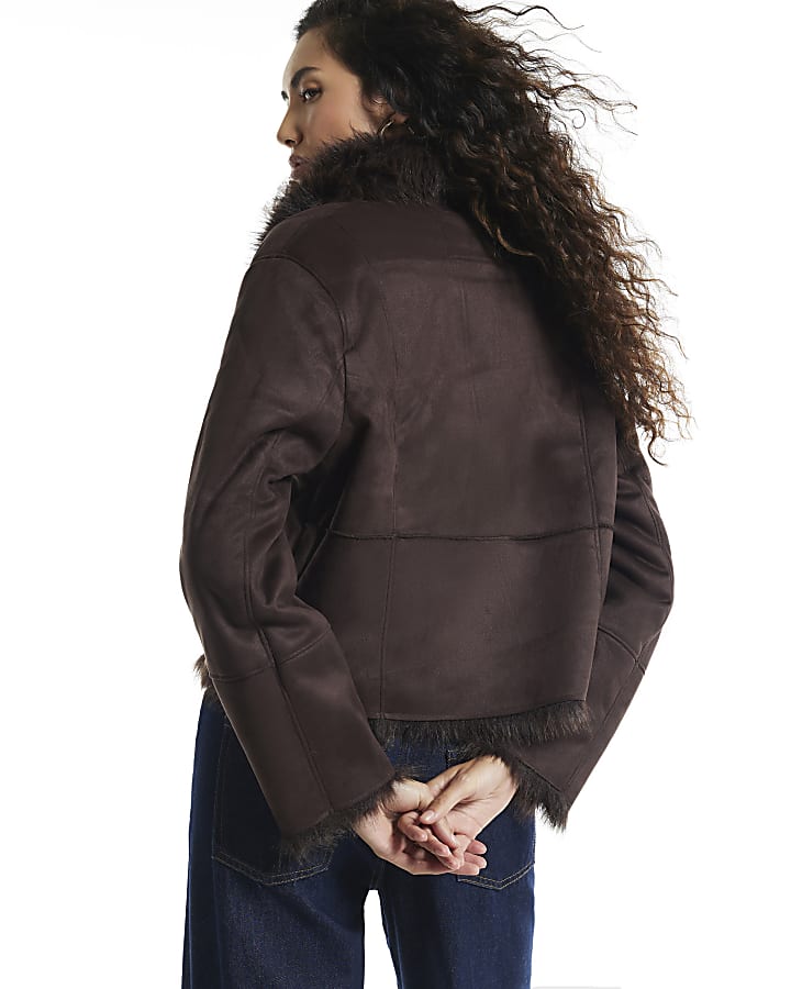 Brown Faux Suede Shearling Tie Jacket