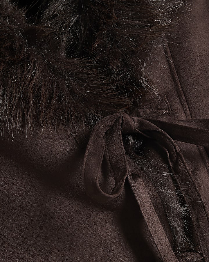 Brown Faux Suede Shearling Tie Jacket
