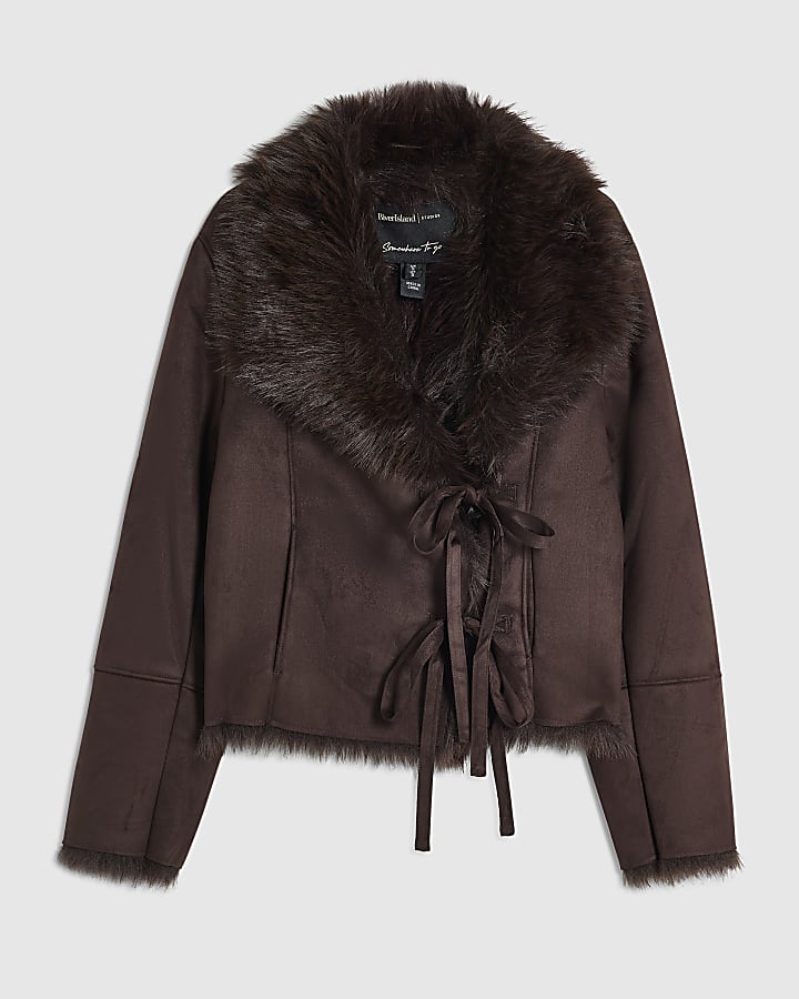 Brown Faux Suede Shearling Tie Jacket