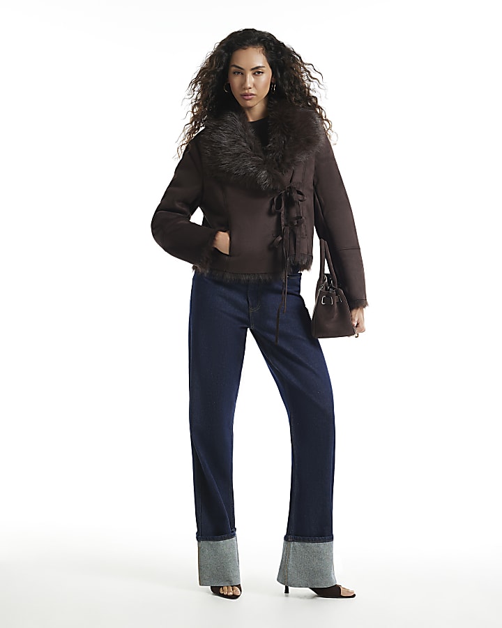 Brown Faux Suede Shearling Tie Jacket