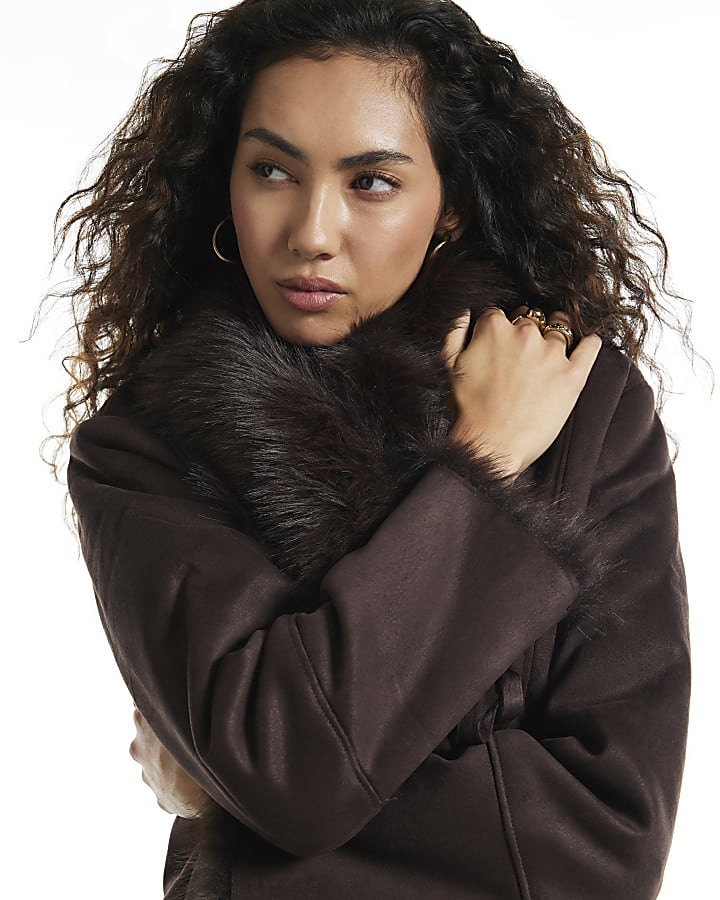 Brown Faux Suede Shearling Tie Jacket