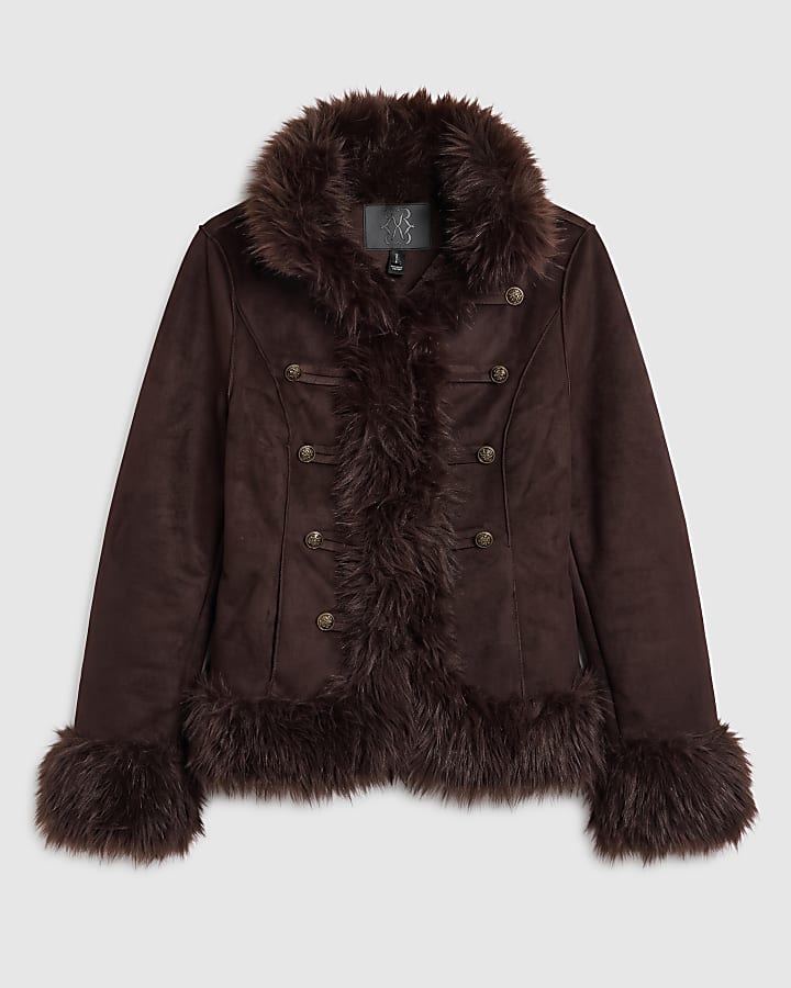 Brown Faux Suede Military Butto Jacket