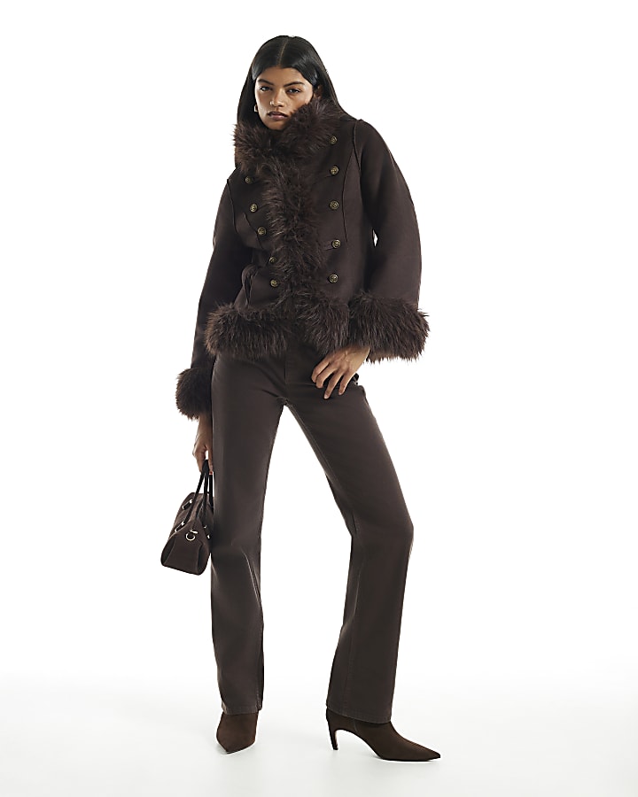 Brown Faux Suede Military Butto Jacket
