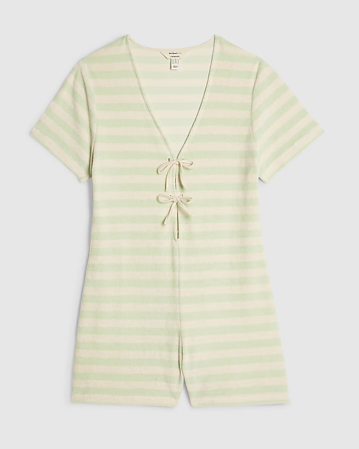 Green Towelling Stripe Short Sleeve Playsuit
