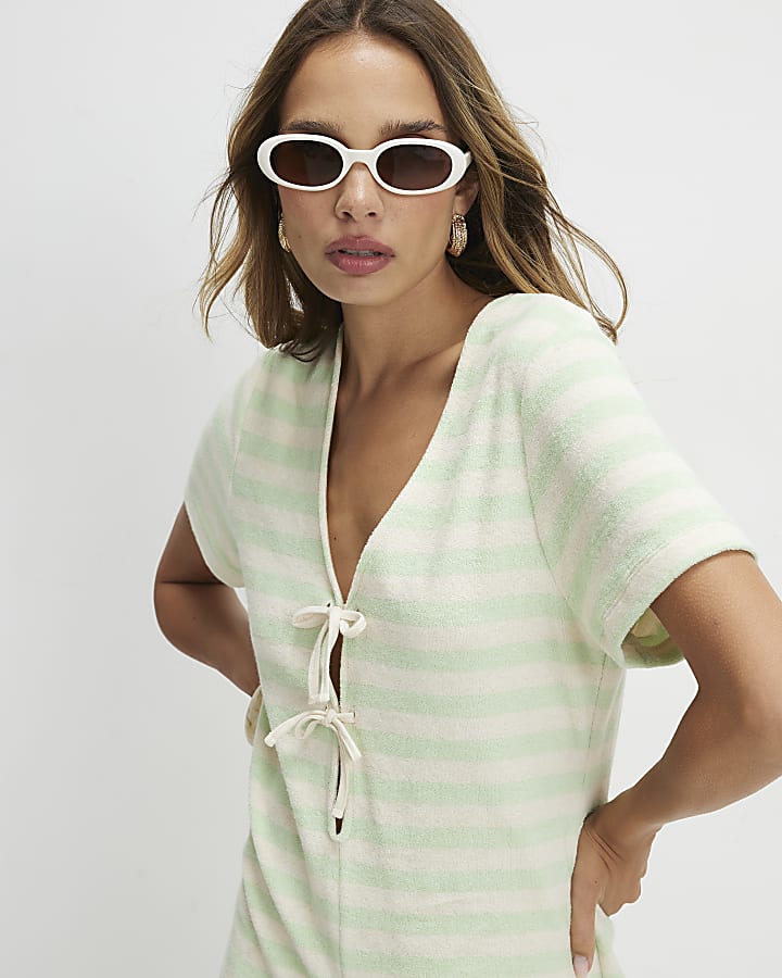 Green Towelling Stripe Short Sleeve Playsuit