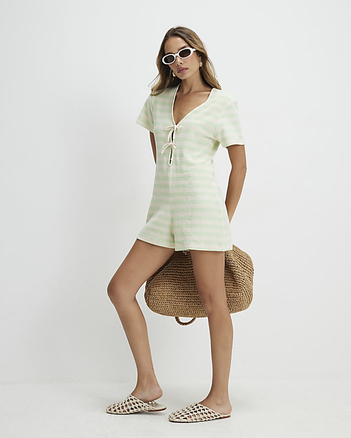 Green Towelling Stripe Short Sleeve Playsuit
