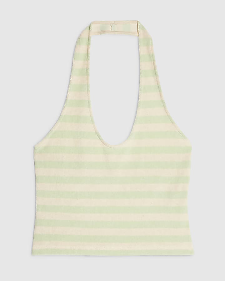 Green Towelling Striped Halter Neck Top