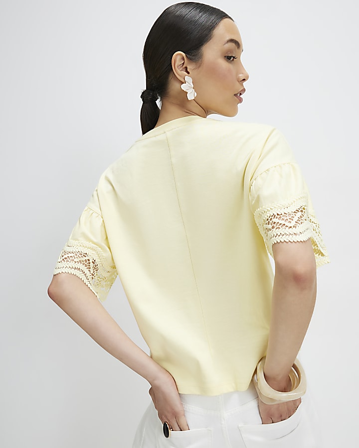Yellow Cotton Crochet Trim T-Shirt