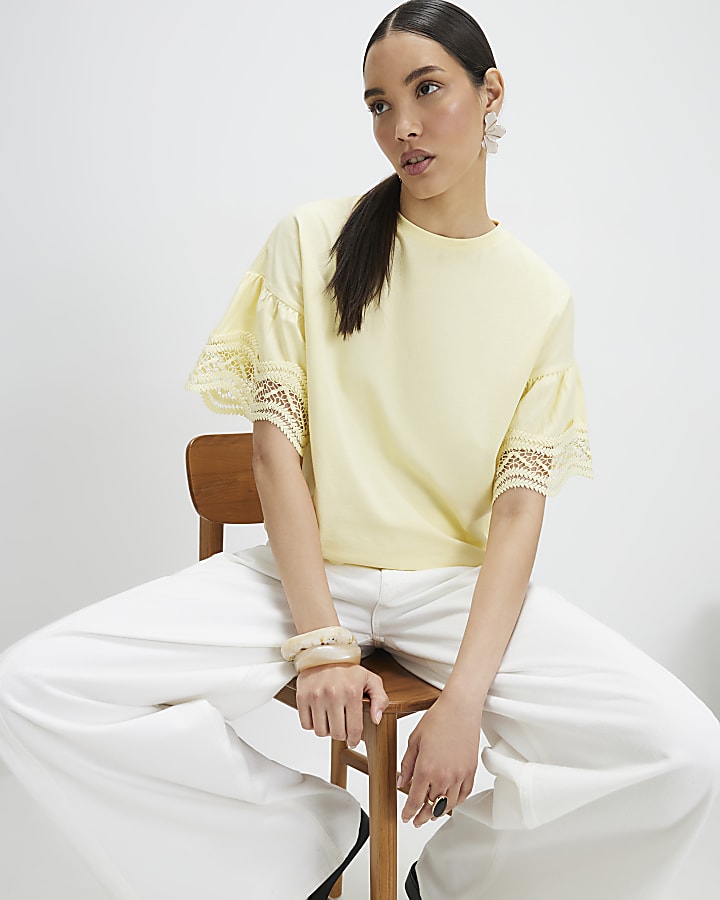 Yellow Cotton Crochet Trim T-Shirt