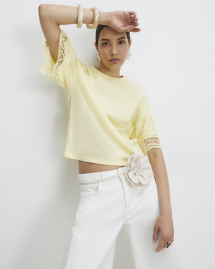 Yellow Cotton Crochet Trim T-Shirt