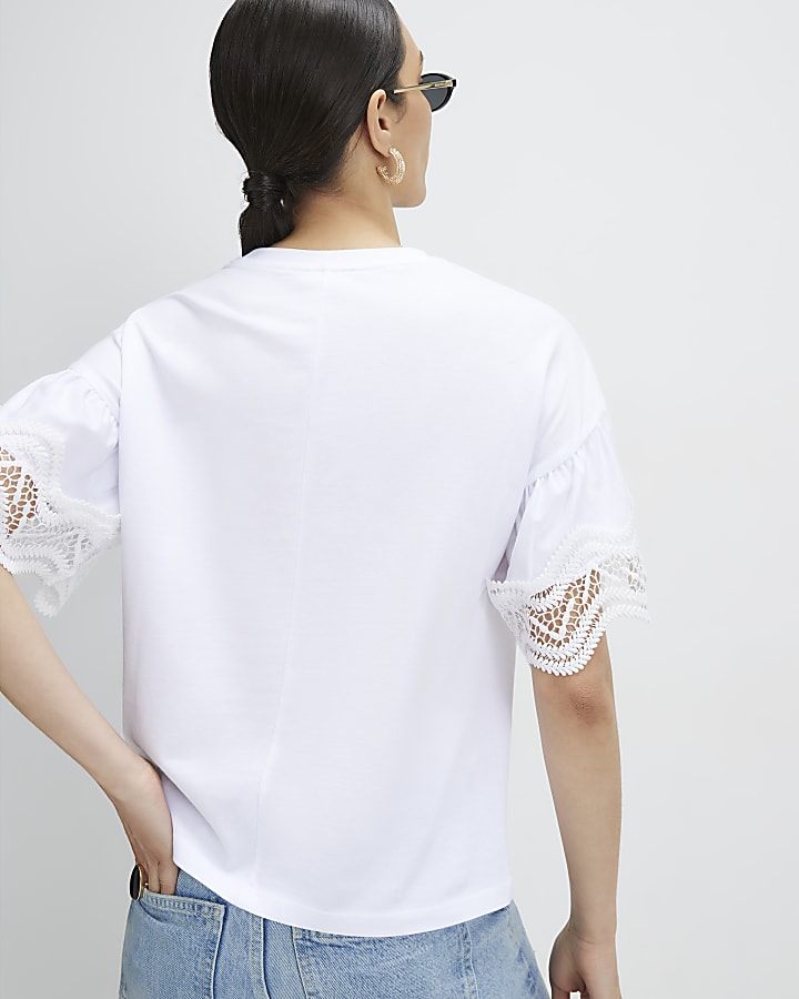 White Cotton Crochet Trim T-Shirt