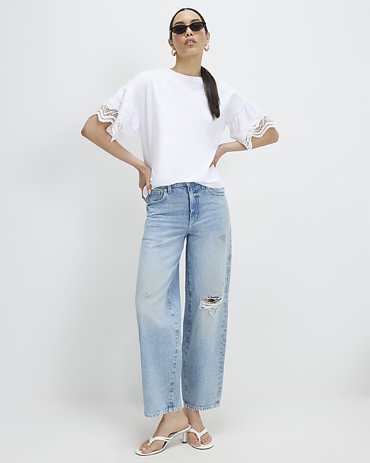 White Cotton Crochet Trim T-Shirt