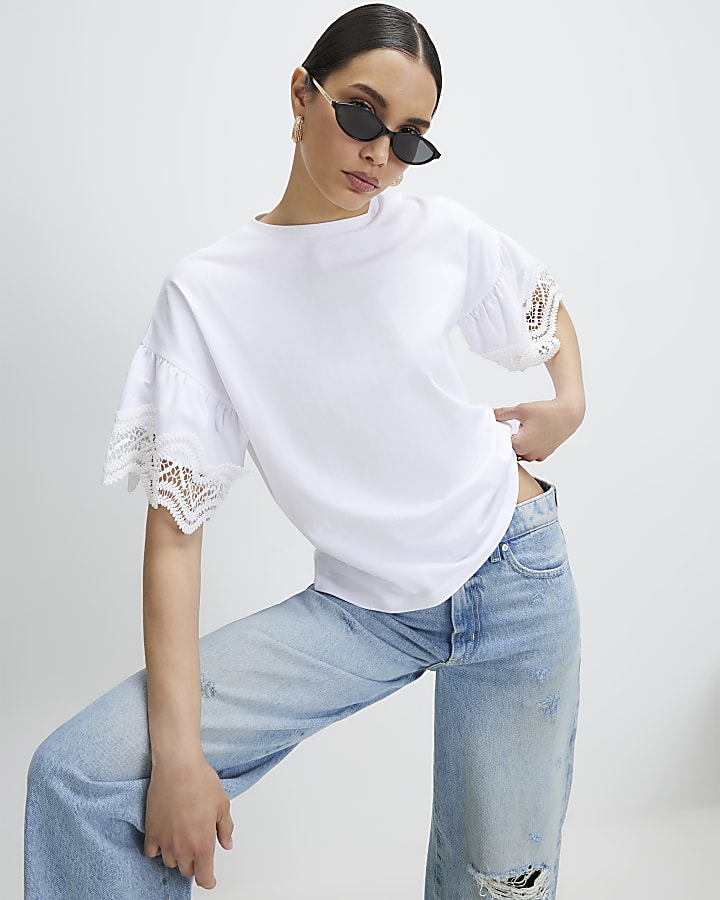 White Cotton Crochet Trim T-Shirt