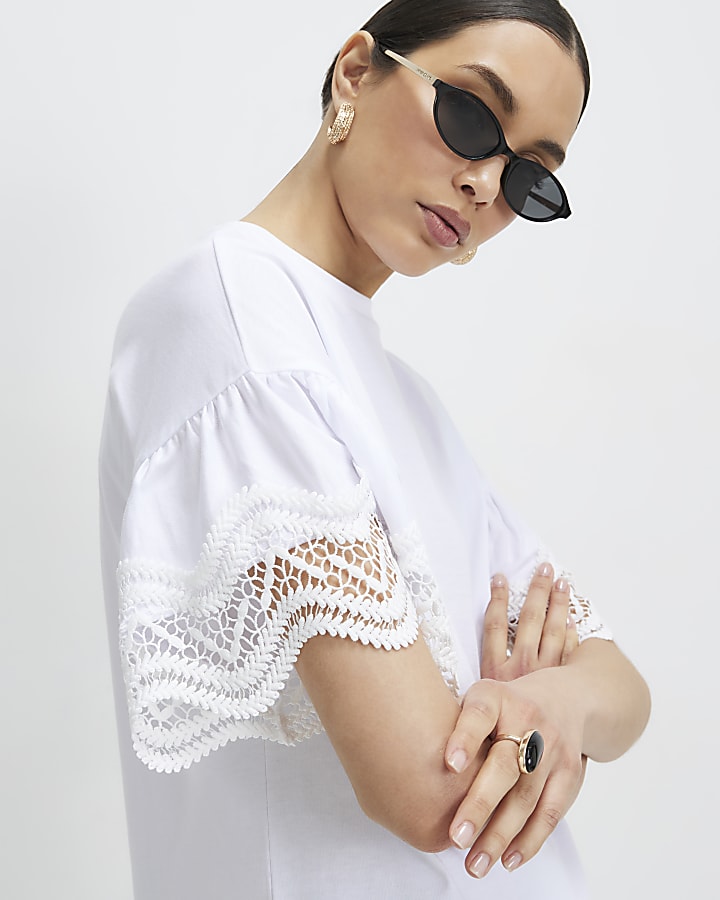 White Cotton Crochet Trim T-Shirt