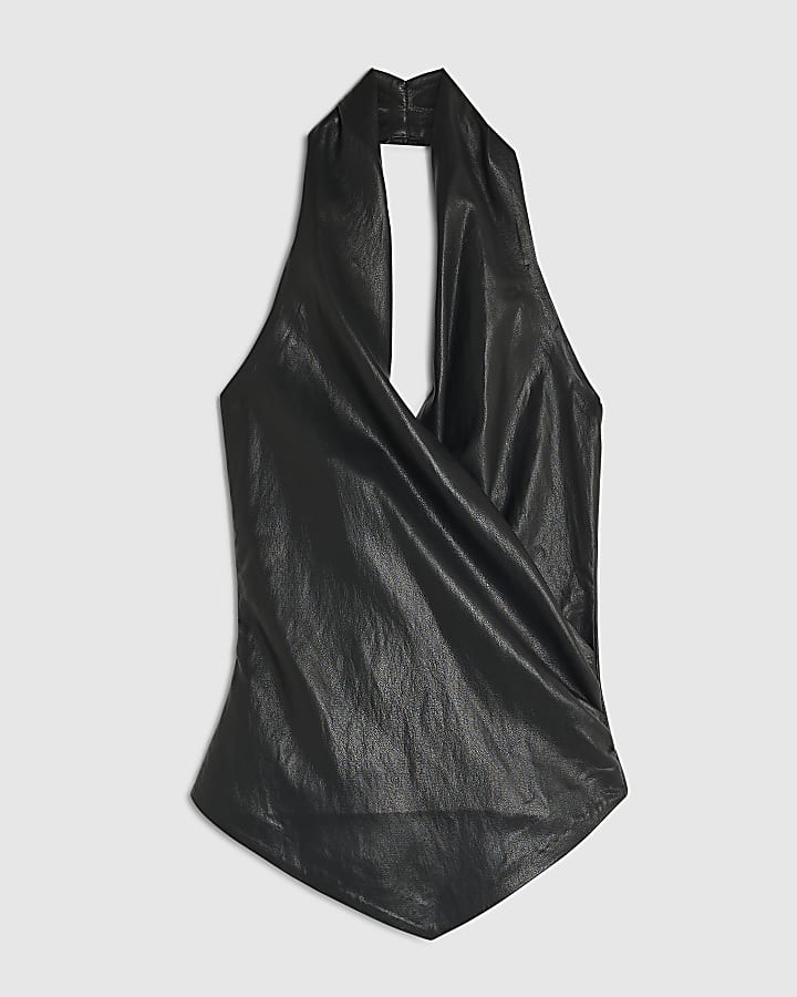 Black Faux Leather Halter Neck Top