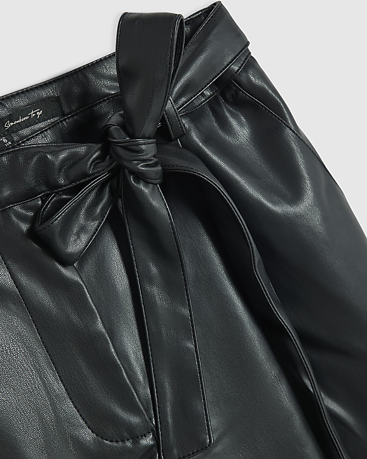 Black Faux Leather Belted Wide Leg Trousers