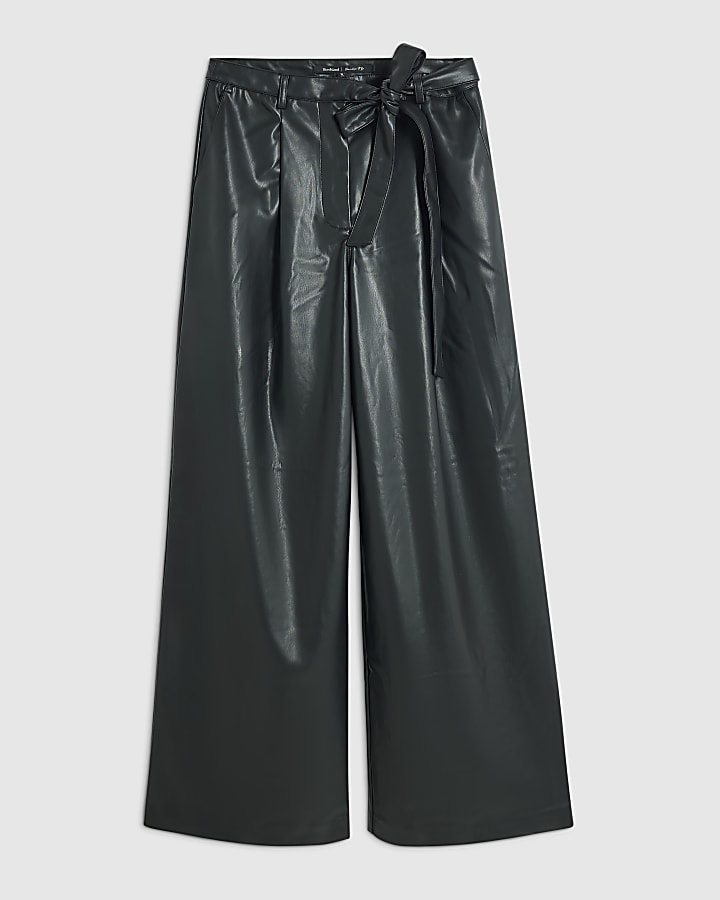 Black Faux Leather Belted Wide Leg Trousers