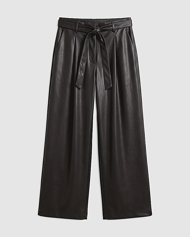 Brown Faux Leather Belted Wide Leg