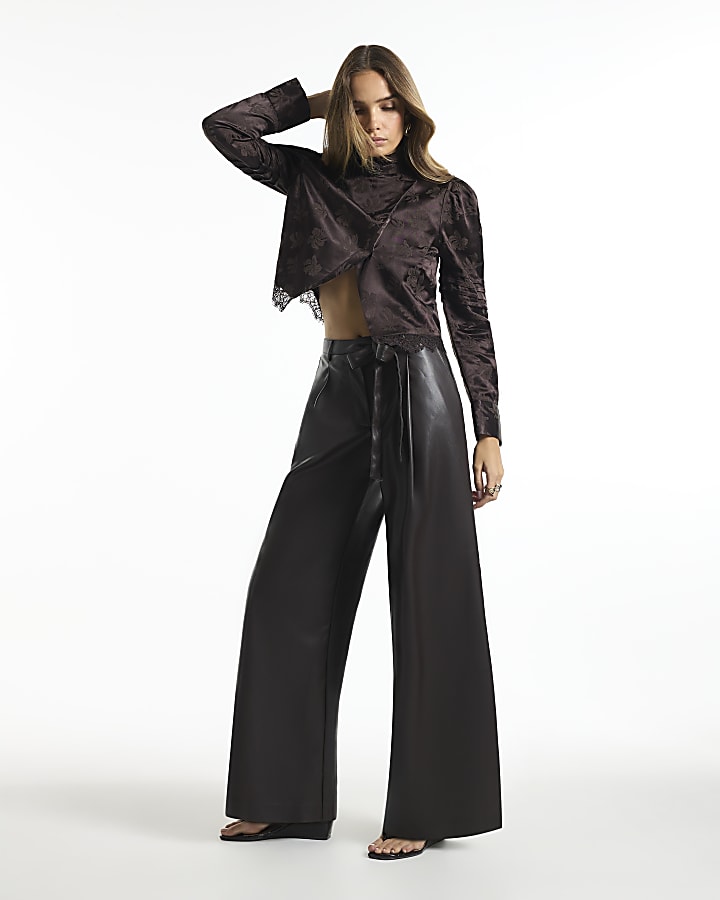 Brown Faux Leather Belted Wide Leg