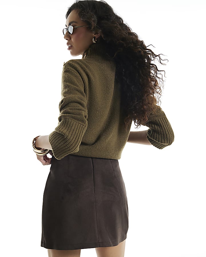 Brown Faux Suede Buckle Mini Wrap Skirt
