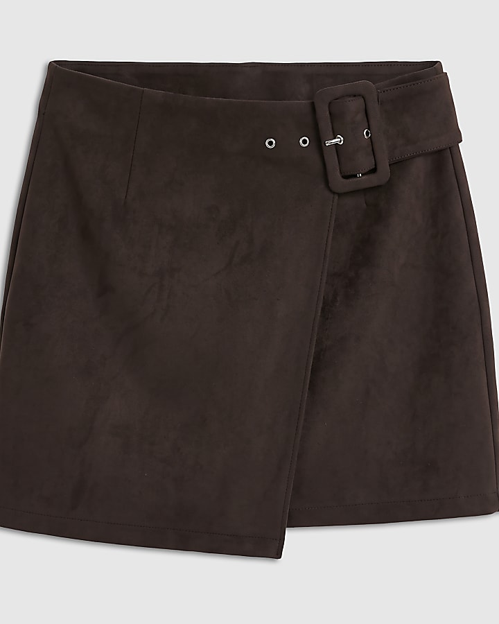 Brown Faux Suede Buckle Mini Wrap Skirt