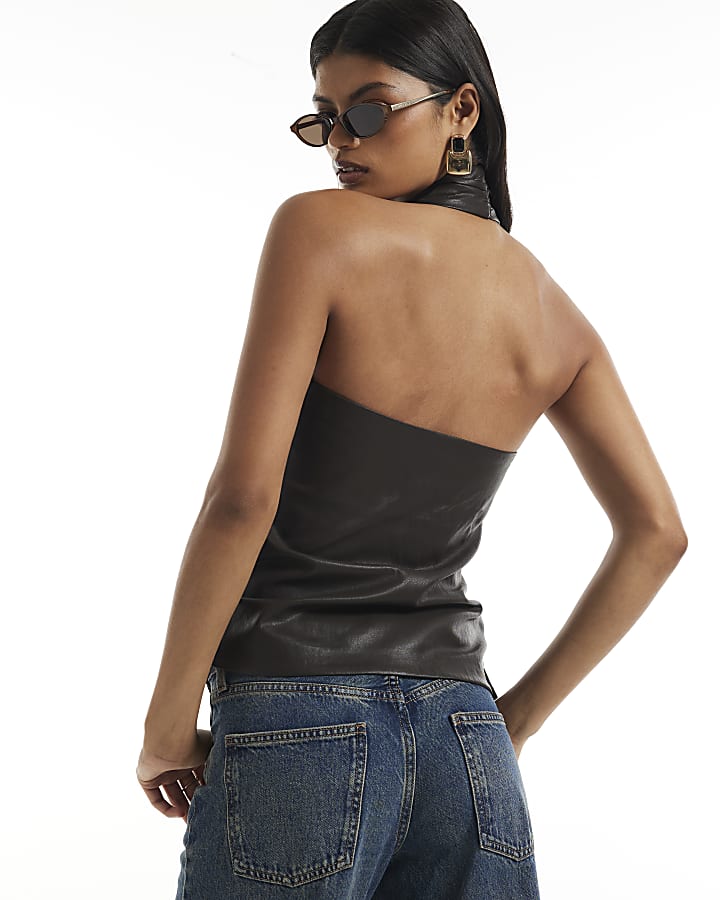 Brown Faux Leather Halter Neck Top