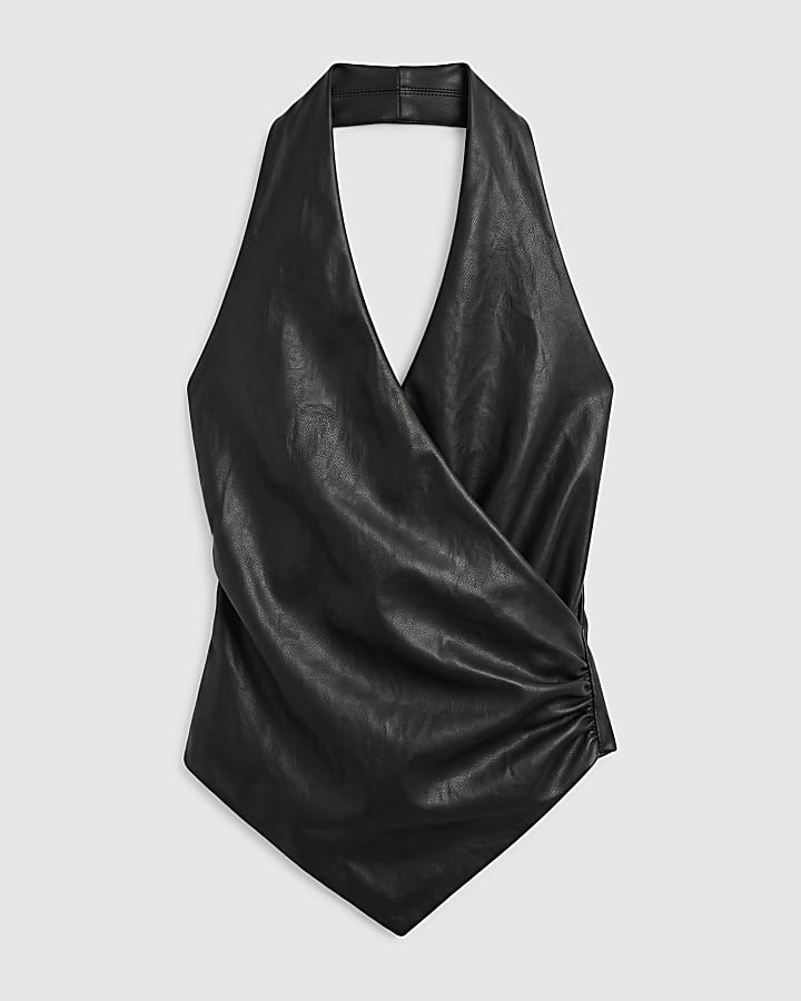 Brown Faux Leather Halter Neck Top