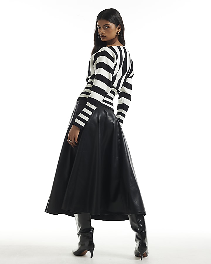 Black Faux Leather A Line Midi Skirt