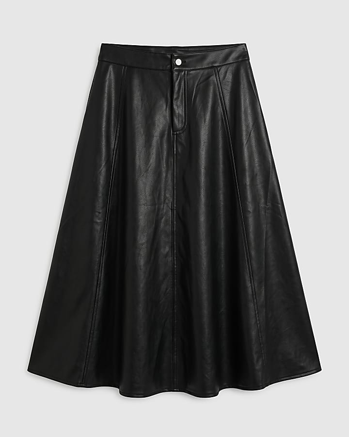 Black Faux Leather A Line Midi Skirt