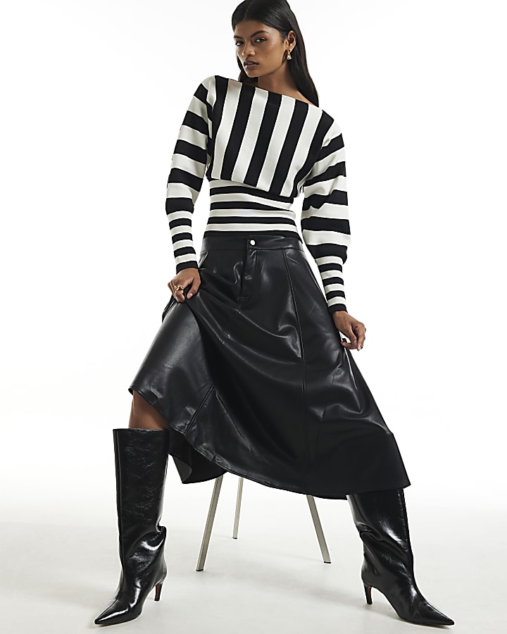 Black Faux Leather A Line Midi Skirt