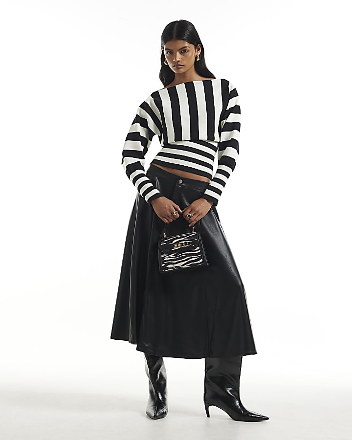Black Faux Leather A Line Midi Skirt